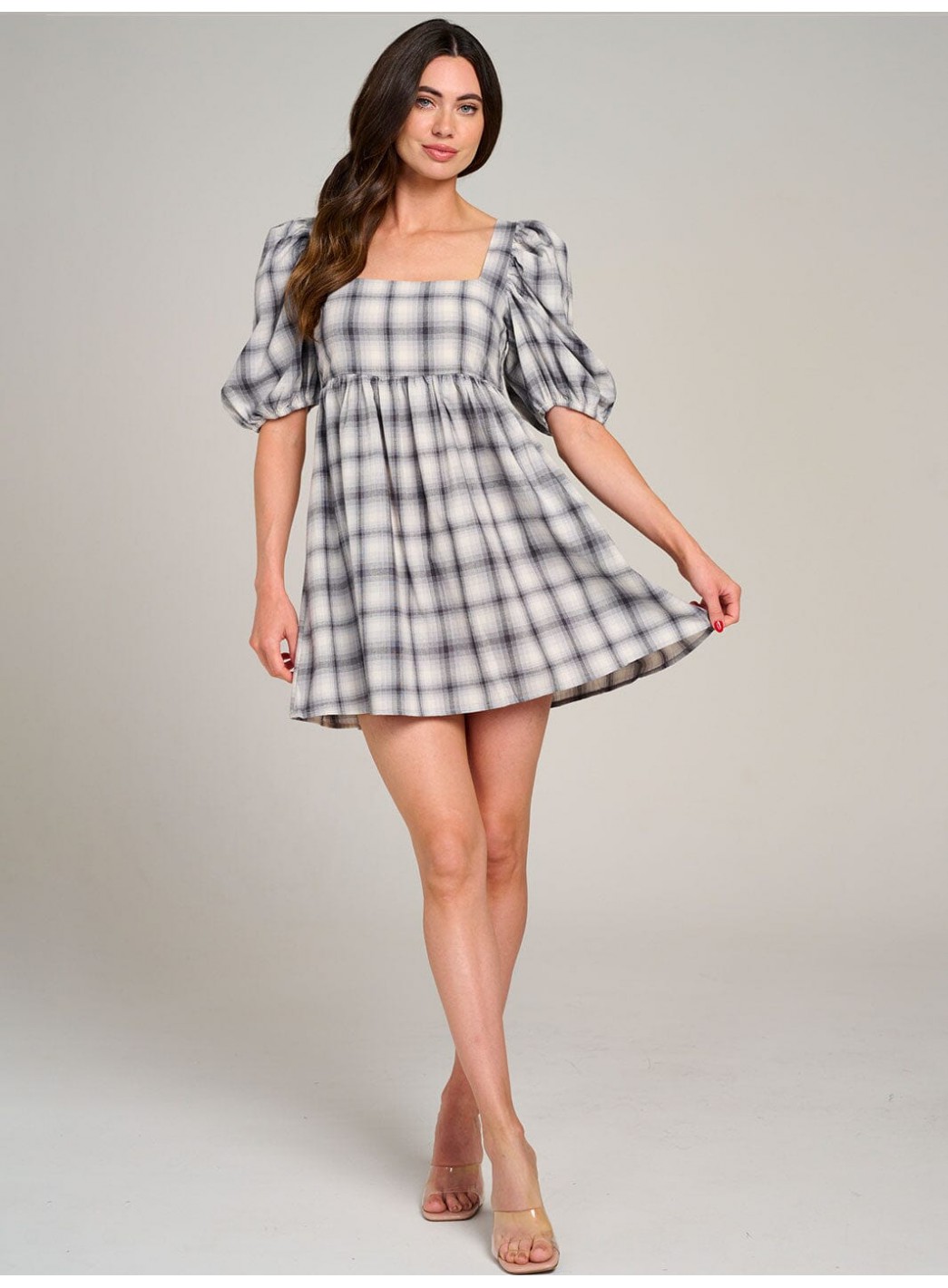 WOMEN'S SHORT PUFF SLEEVE OPEN BACK COLORBLOCK PLAID MINI DRESS