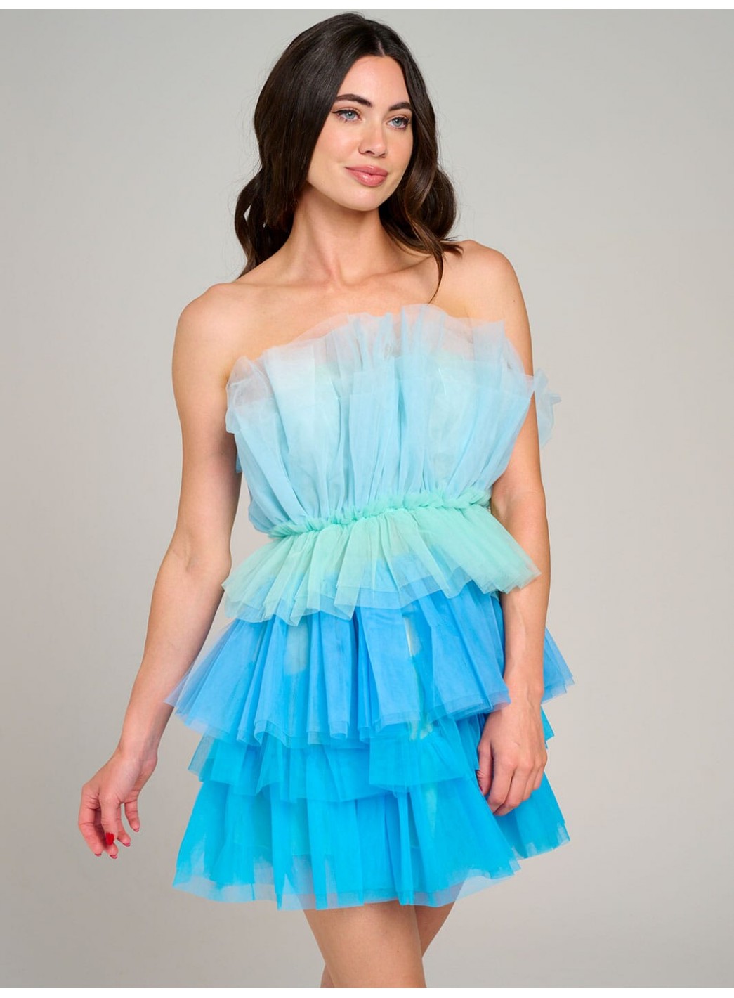 WOMEN'S SLEEVELESS ORGANZA TIERED RUFFLE TUBE COLORBLOCK MINI DRESS