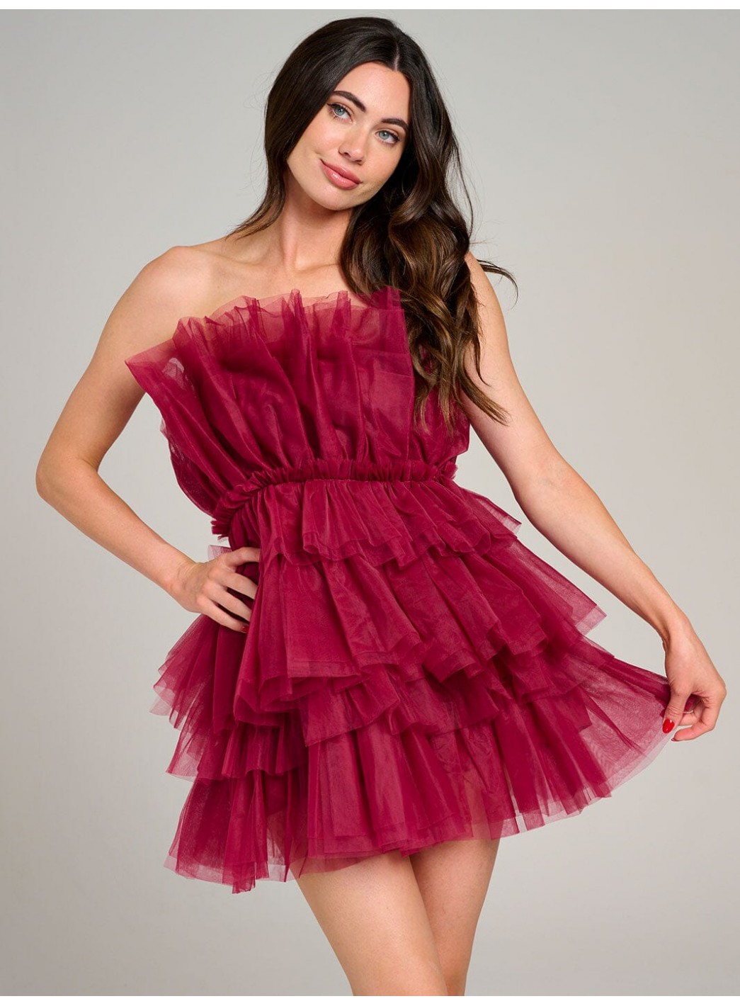 WOMEN'S SLEEVELESS ORGANZA TIERED RUFFLE TUBE MINI DRESS