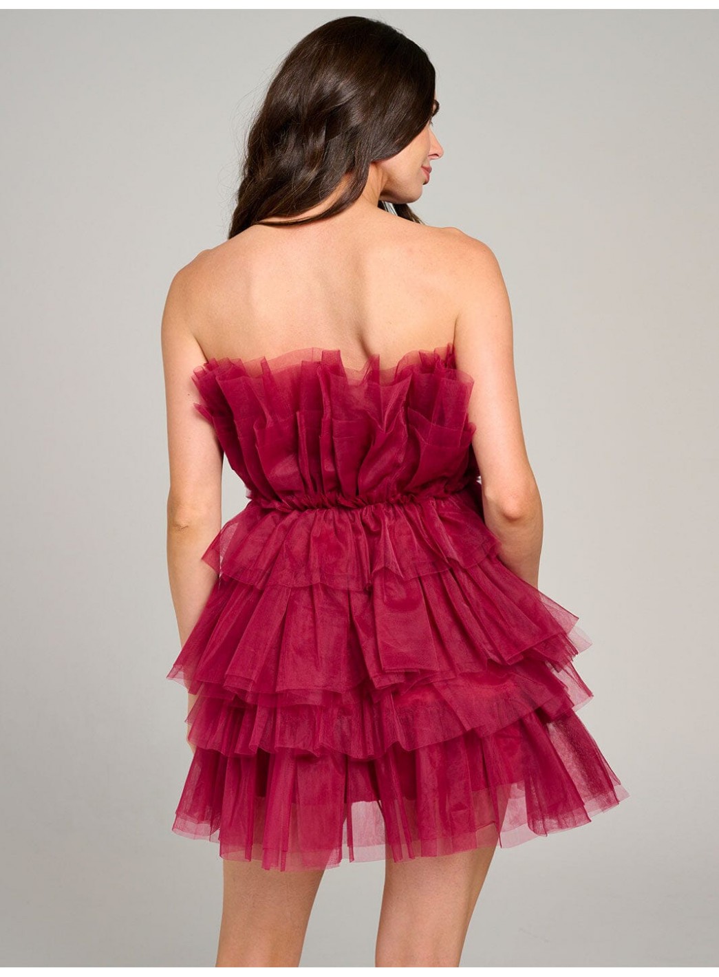 WOMEN'S SLEEVELESS ORGANZA TIERED RUFFLE TUBE MINI DRESS