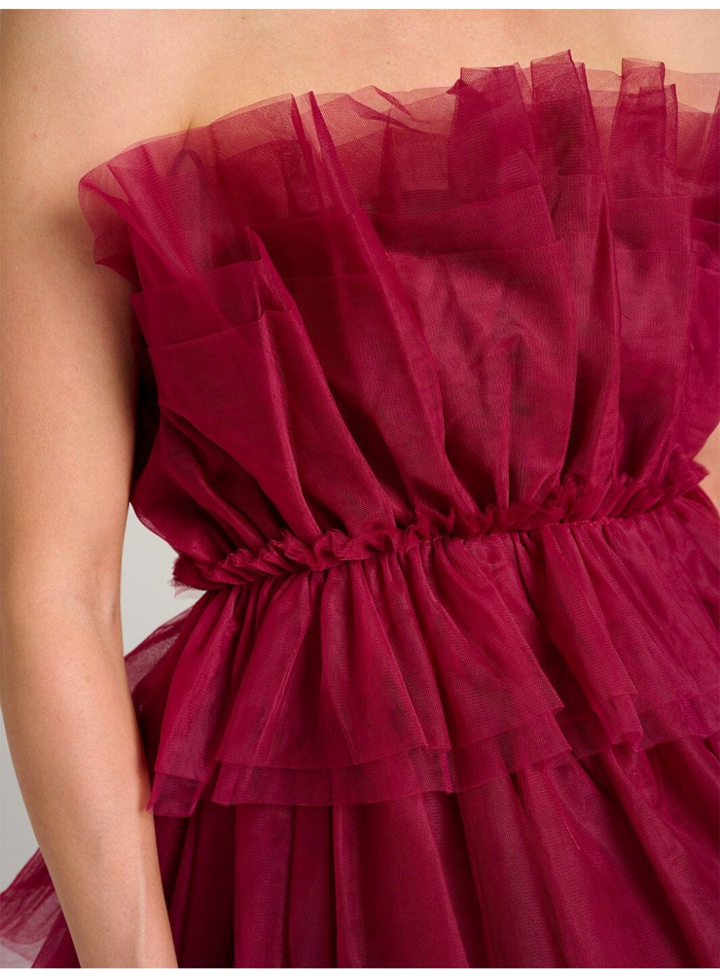 WOMEN'S SLEEVELESS ORGANZA TIERED RUFFLE TUBE MINI DRESS