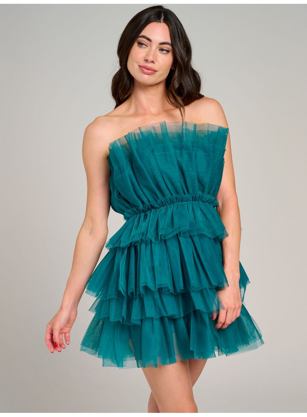 WOMEN'S SLEEVELESS ORGANZA TIERED RUFFLE TUBE MINI DRESS