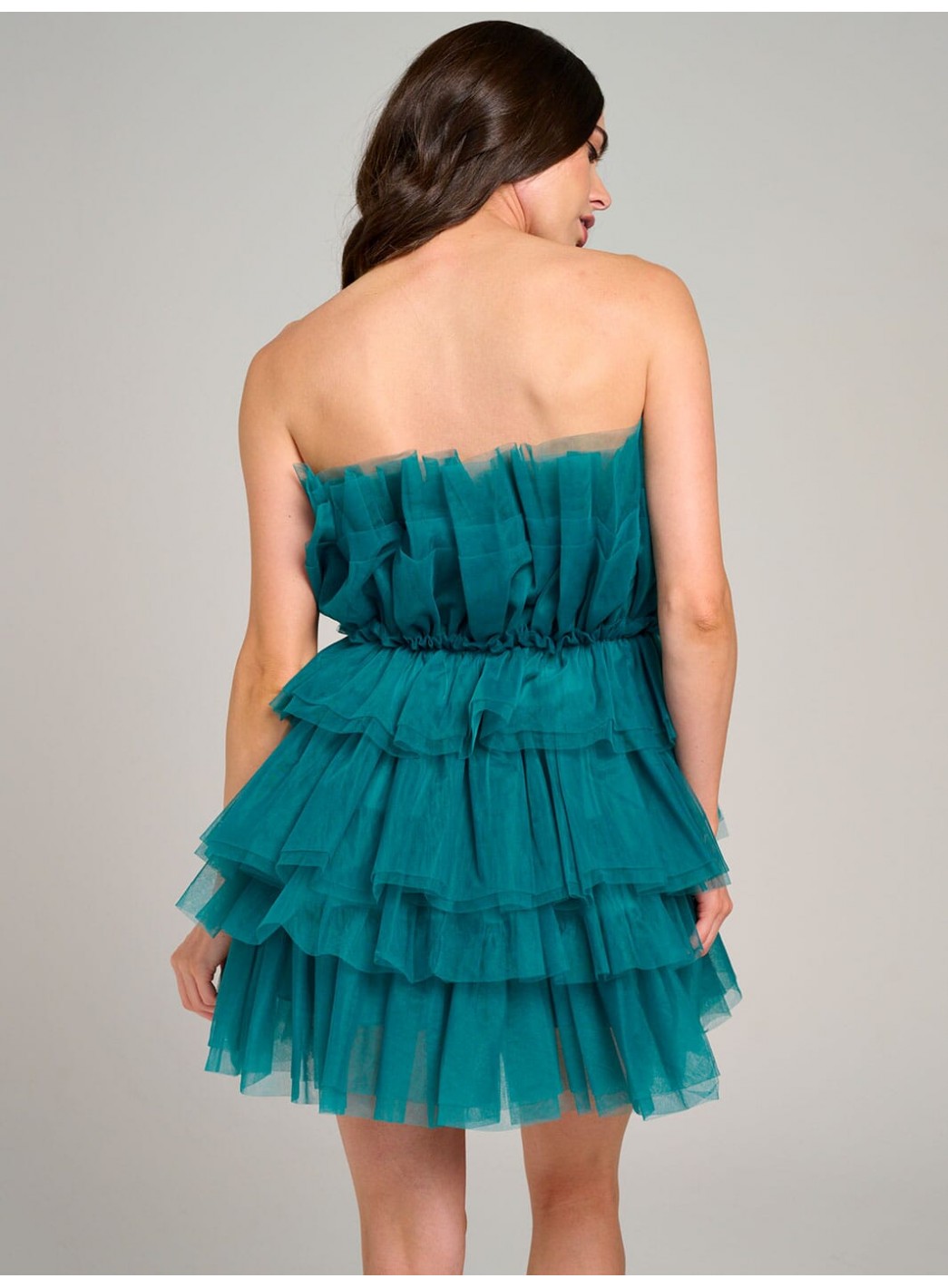 WOMEN'S SLEEVELESS ORGANZA TIERED RUFFLE TUBE MINI DRESS