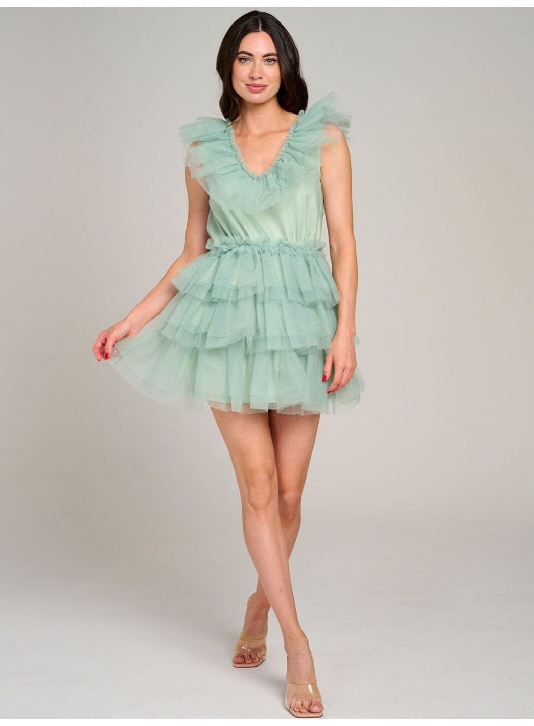 WOMEN'S SLEEVELESS V-NECK ORGANZA TIERED RUFFLE MINI DRESS