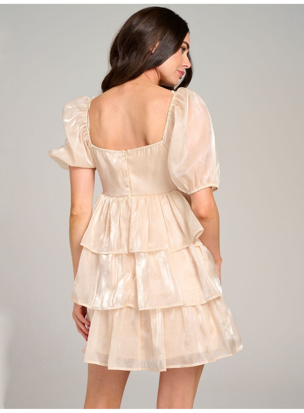 WOMEN'S SHORT PUFF SLEEVE SQUARE NECK TIERED RUFFLE MINI DRESS