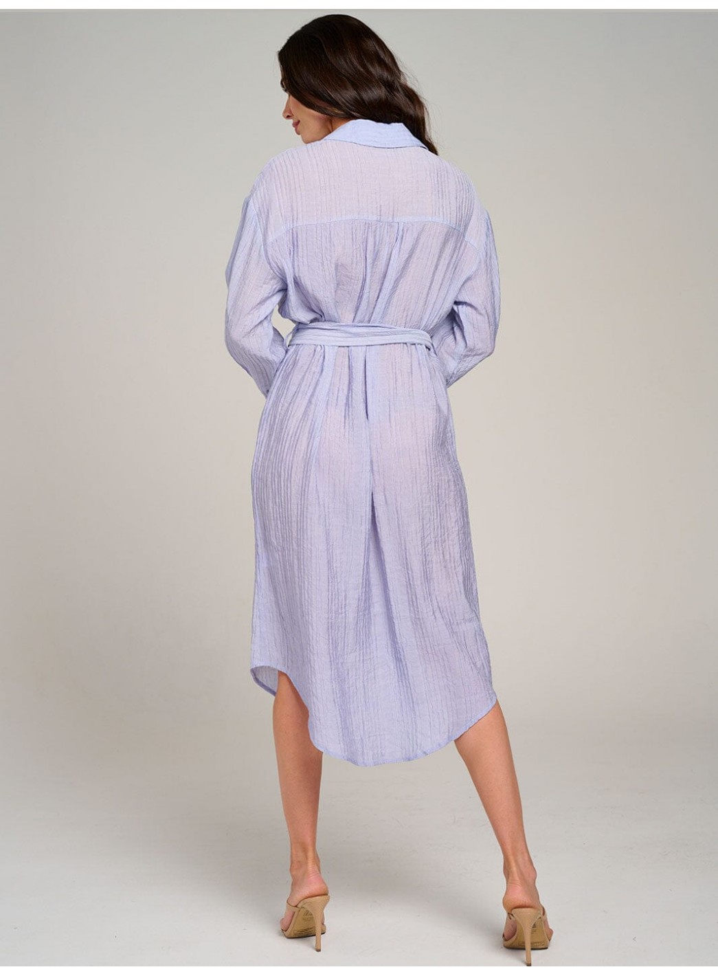 WOMEN'S LONG SLEEVE FONT POCKET BUTTON UP SELF TIE MIDI DRESS