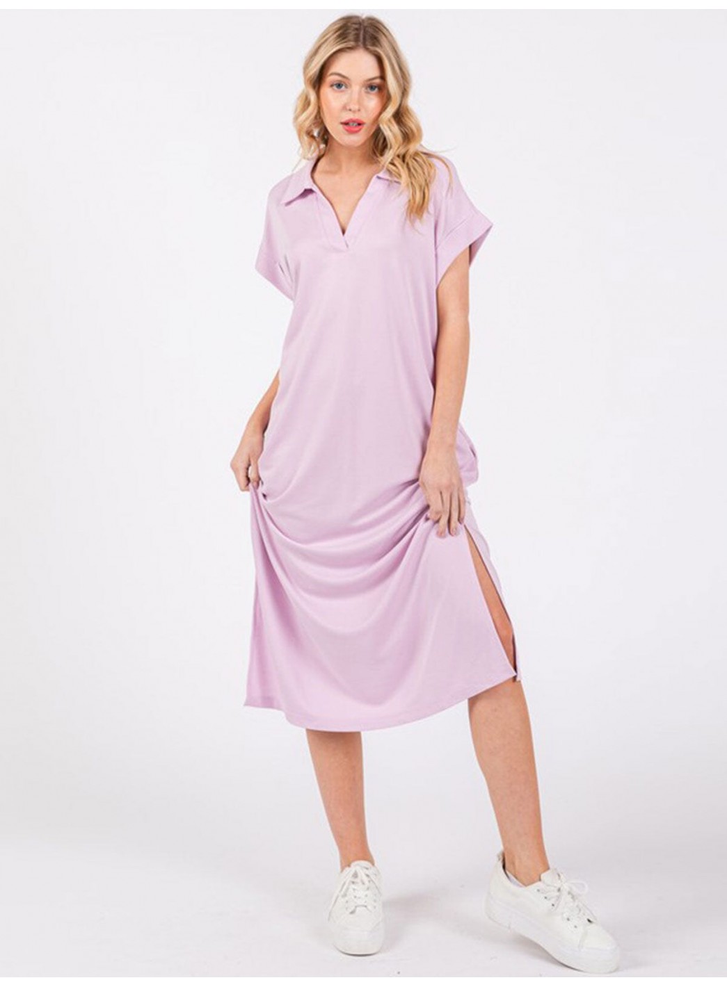 WOMEN'S SHORT SLEEVE V-NECK SIDE SLIT FR...