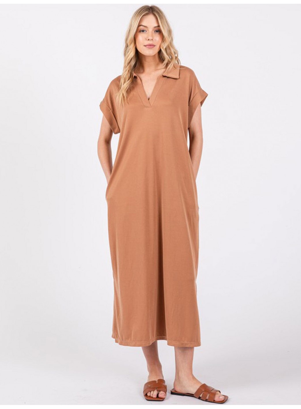 WOMEN'S SHORT SLEEVE V-NECK SIDE SLIT FRONT POCKET LOOSE FIT MAXI DRESS WOMEN'S SHORT SLEEVE V-NECK SIDE SLIT FRONT POCKET LOOSE FIT MAXI DRESS