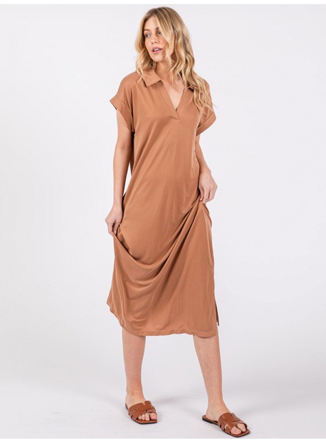 WOMEN'S SHORT SLEEVE V-NECK SIDE SLIT FRONT POCKET LOOSE FIT MAXI DRESS WOMEN'S SHORT SLEEVE V-NECK SIDE SLIT FRONT POCKET LOOSE FIT MAXI DRESS