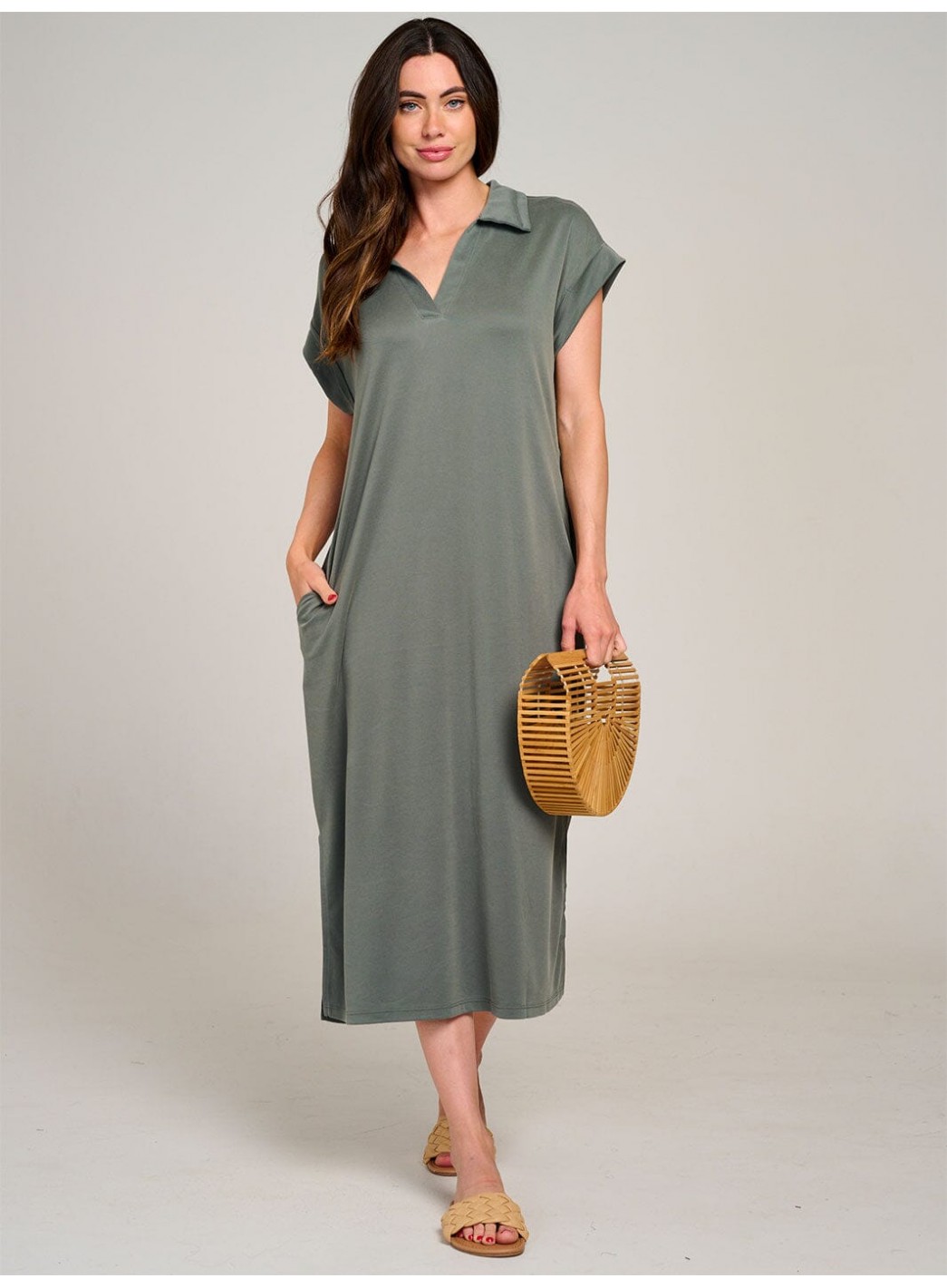 WOMEN'S SHORT SLEEVE V-NECK SIDE SLIT FRONT POCKET LOOSE FIT MAXI DRESS WOMEN'S SHORT SLEEVE V-NECK SIDE SLIT FRONT POCKET LOOSE FIT MAXI DRESS