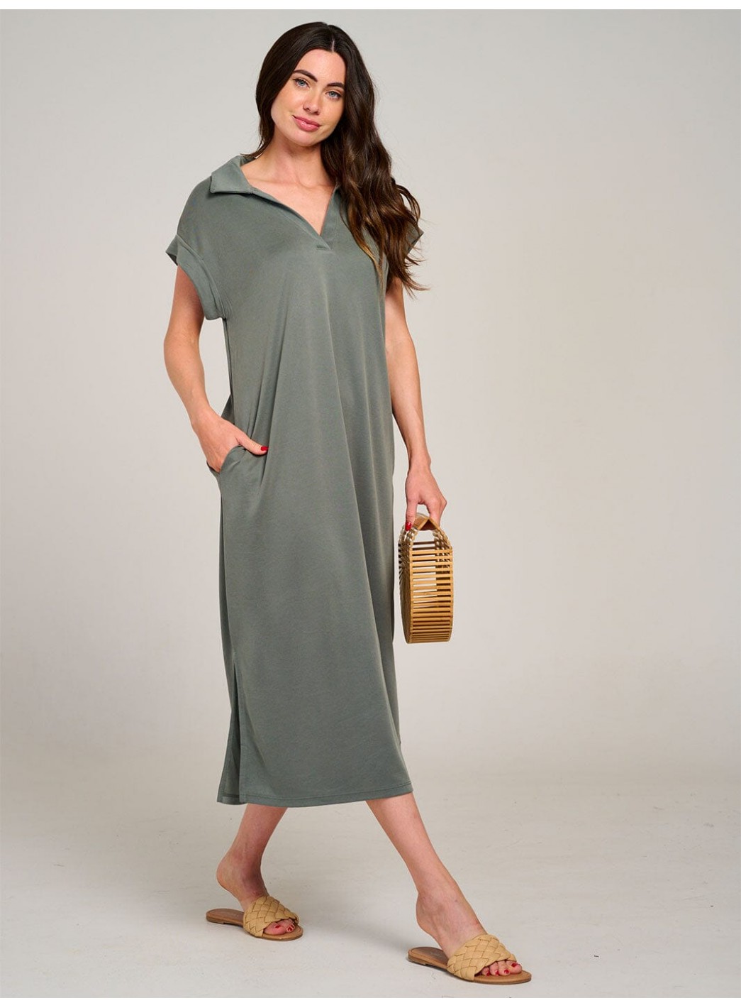 WOMEN'S SHORT SLEEVE V-NECK SIDE SLIT FRONT POCKET LOOSE FIT MAXI DRESS WOMEN'S SHORT SLEEVE V-NECK SIDE SLIT FRONT POCKET LOOSE FIT MAXI DRESS