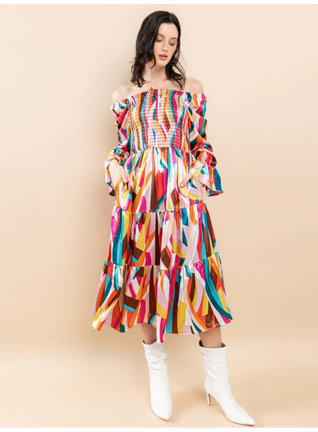 WOMEN'S OFF SHOULDER LONG SLEEVE SMOCK FRONT POCKETS TIERED MIDI DRESS