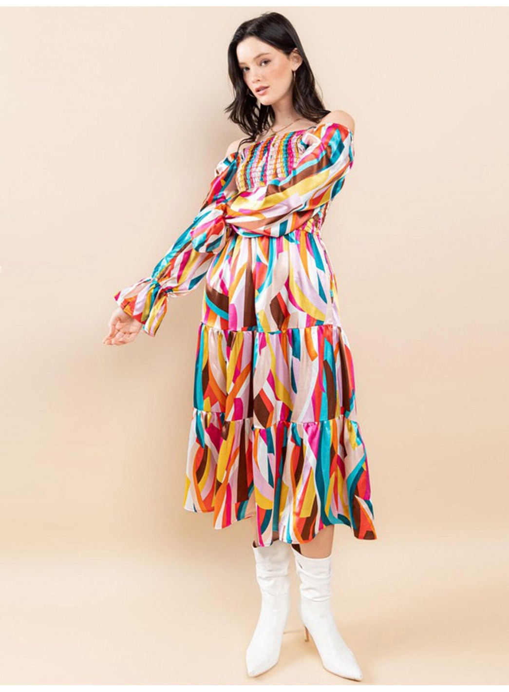 WOMEN'S OFF SHOULDER LONG SLEEVE SMOCK FRONT POCKETS TIERED MIDI DRESS