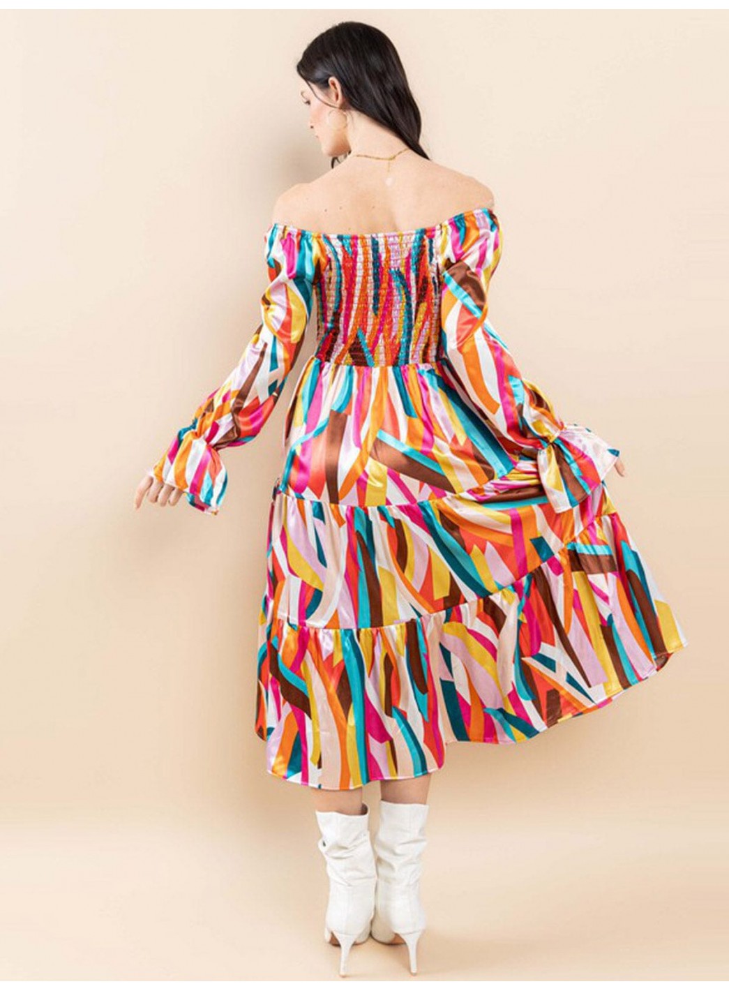 WOMEN'S OFF SHOULDER LONG SLEEVE SMOCK FRONT POCKETS TIERED MIDI DRESS