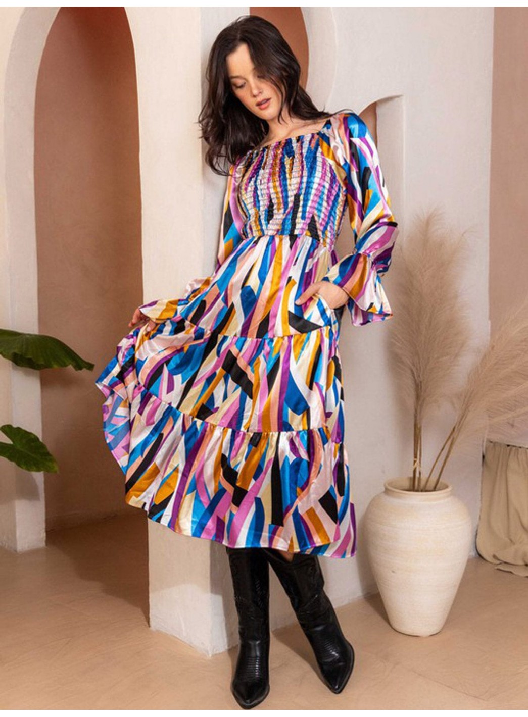 WOMEN'S OFF SHOULDER LONG SLEEVE SMOCK FRONT POCKETS TIERED MIDI DRESS