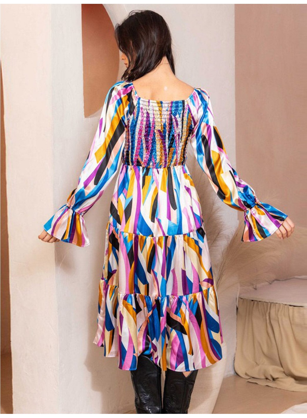 WOMEN'S OFF SHOULDER LONG SLEEVE SMOCK FRONT POCKETS TIERED MIDI DRESS