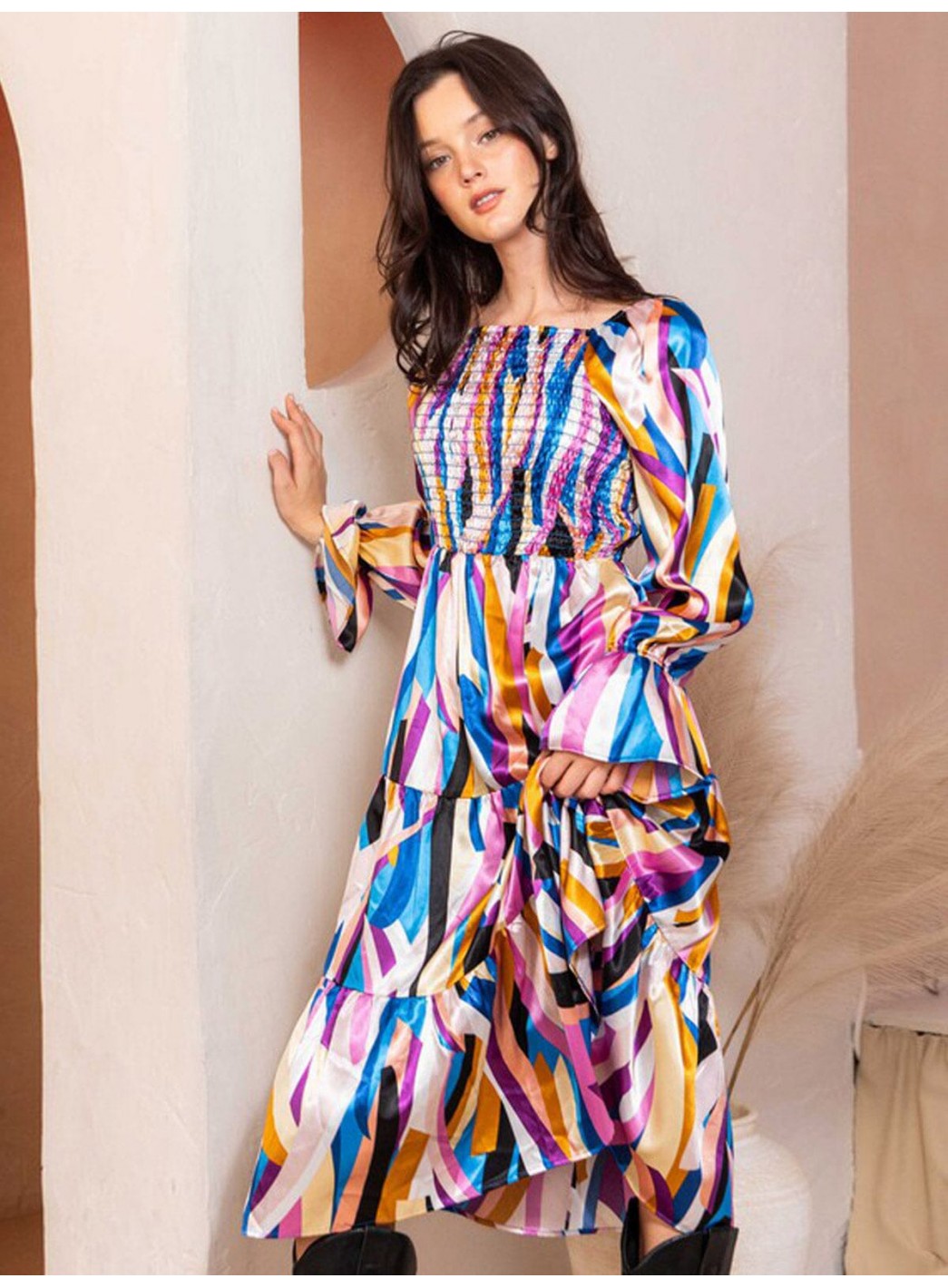 WOMEN'S OFF SHOULDER LONG SLEEVE SMOCK FRONT POCKETS TIERED MIDI DRESS