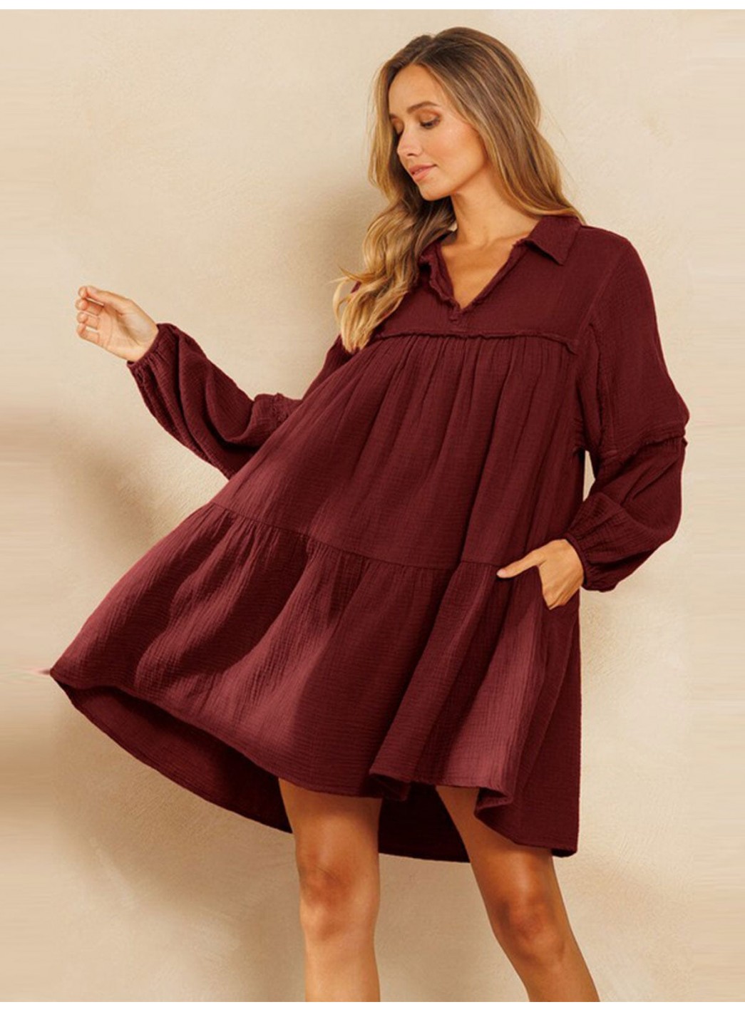 WOMEN'S LONG SLEEVE V-NECK FRONT POCKETS TIERED MIDI DRESS