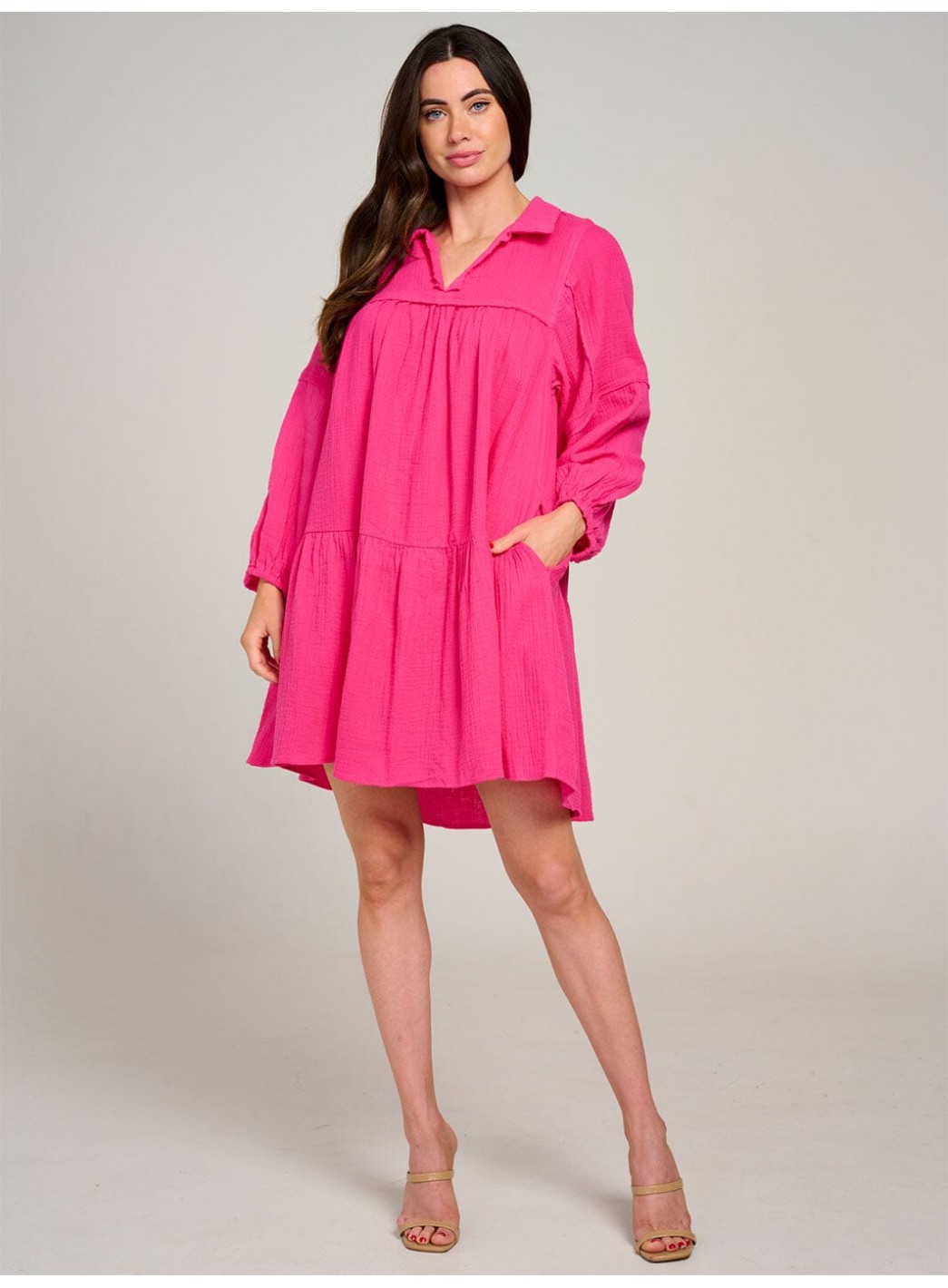 WOMEN'S LONG SLEEVE V-NECK FRONT POCKETS TIERED MIDI DRESS