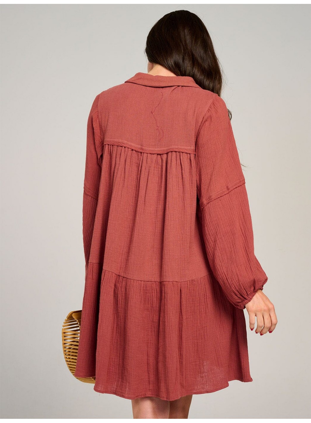 WOMEN'S LONG SLEEVE V-NECK FRONT POCKETS TIERED MIDI DRESS