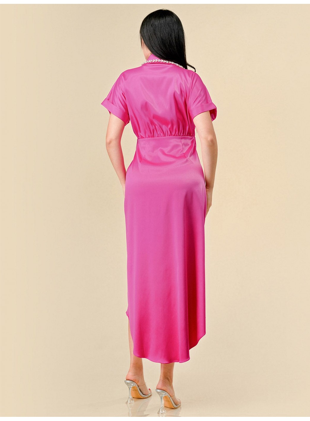 WOMEN'S SHORT SLEEVES STUDS NECK DETAILED HIGH-LOW WRAP MIDI DRESS