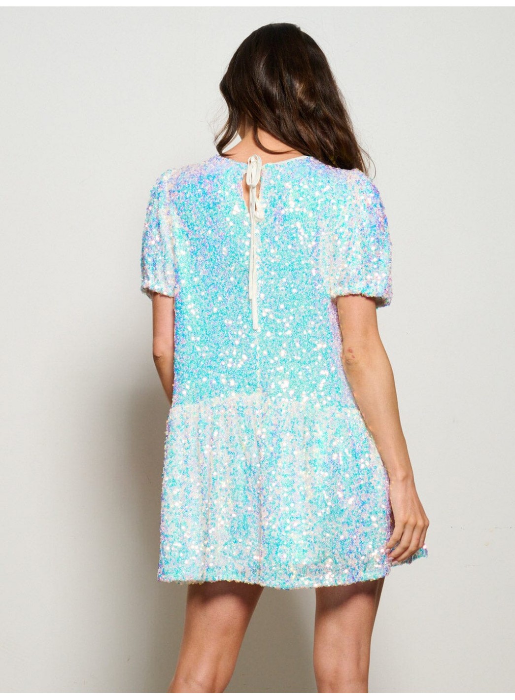 WOMEN'S SHORT PUFF SLEEVE TIERED SEQUINS MINI DRESS