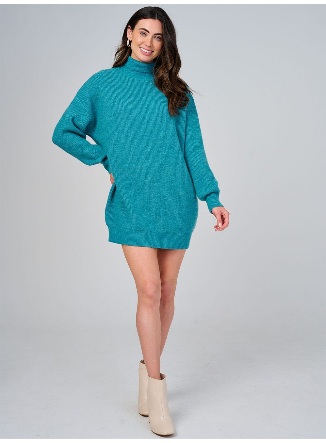 WOMEN'S LONG SLEEVE TURTLE NECK LOOSE FIT KNIT MINI DRESS