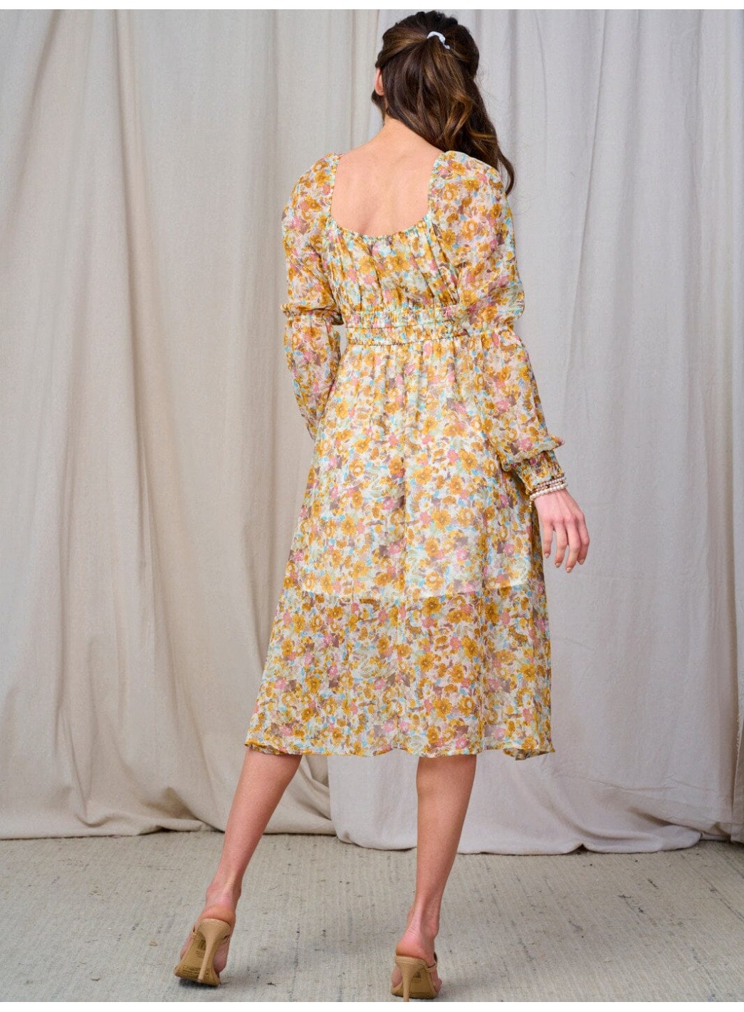 WOMEN'S LONG SLEEVE ELASTIC WAIST FLORAL MIDI DRESS