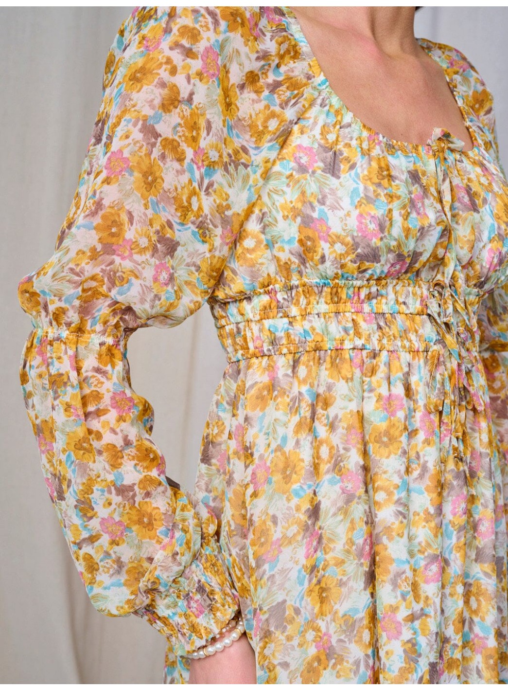 WOMEN'S LONG SLEEVE ELASTIC WAIST FLORAL MIDI DRESS