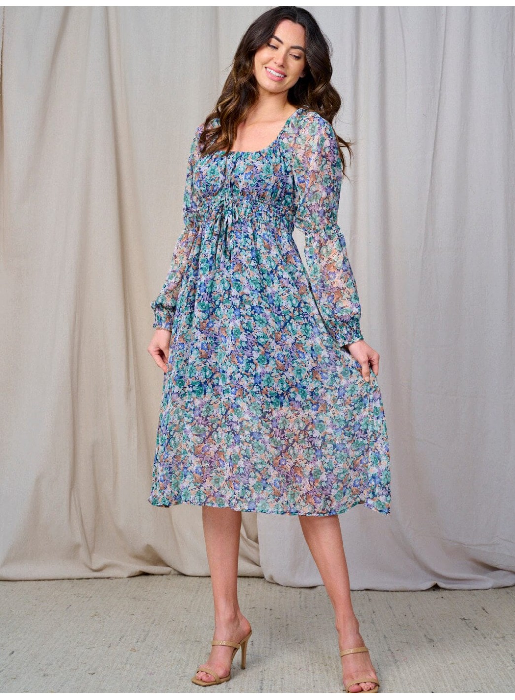 WOMEN'S LONG SLEEVE ELASTIC WAIST FLORAL MIDI DRESS