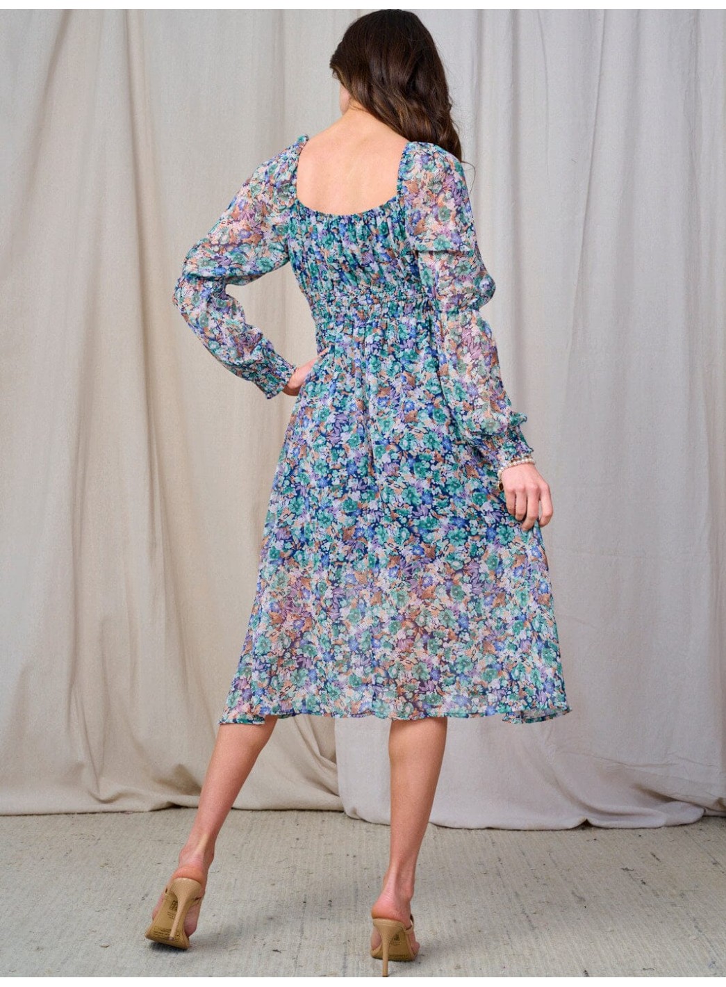 WOMEN'S LONG SLEEVE ELASTIC WAIST FLORAL MIDI DRESS