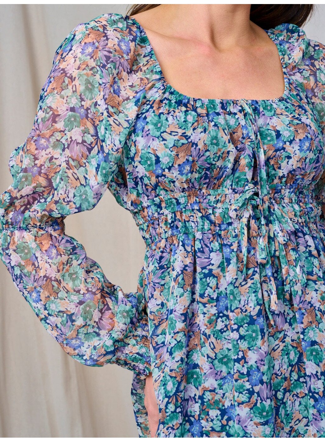 WOMEN'S LONG SLEEVE ELASTIC WAIST FLORAL MIDI DRESS