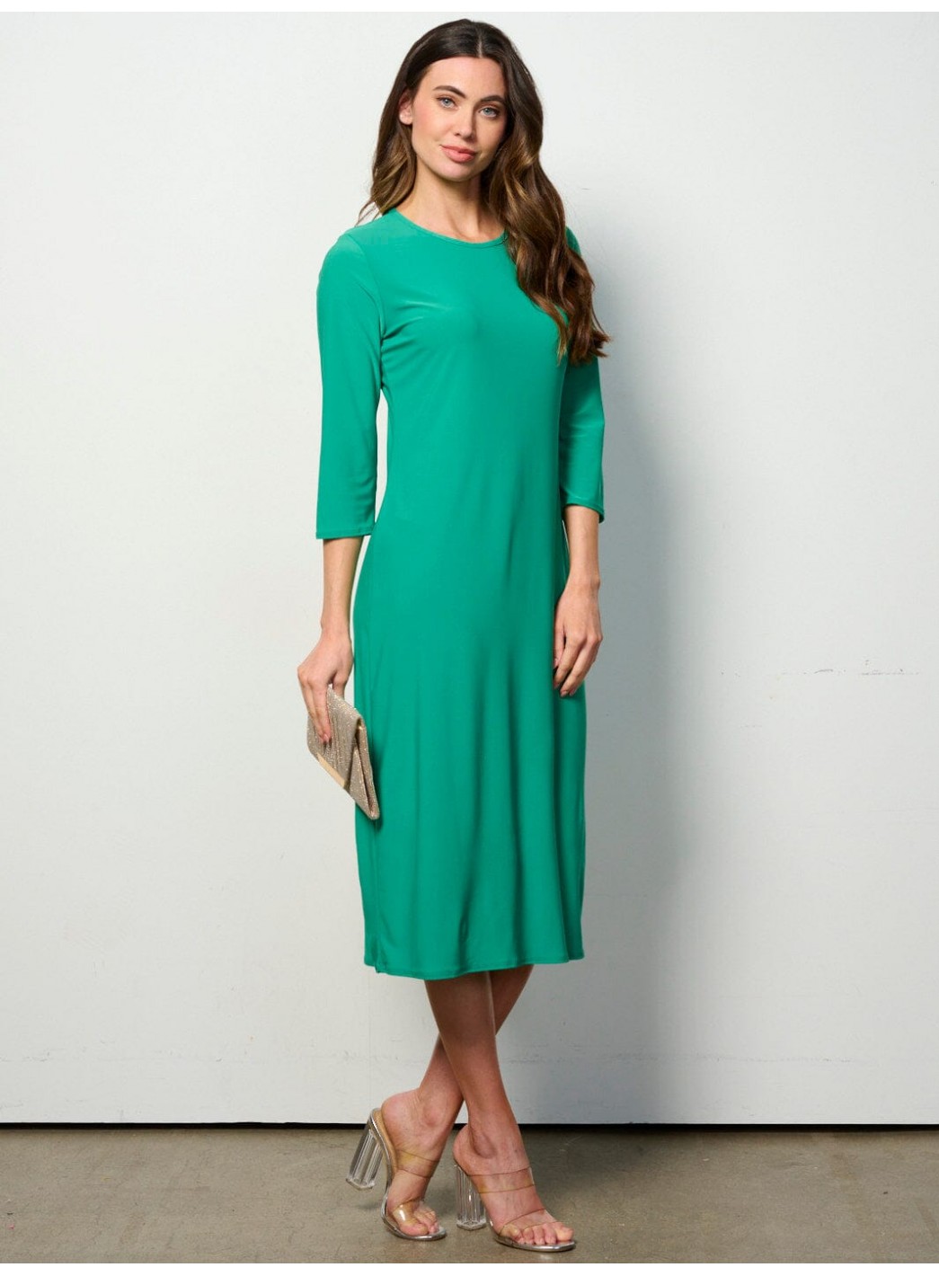 WOMEN'S 3/4 SLEEVES SOLID MIDI DRESS