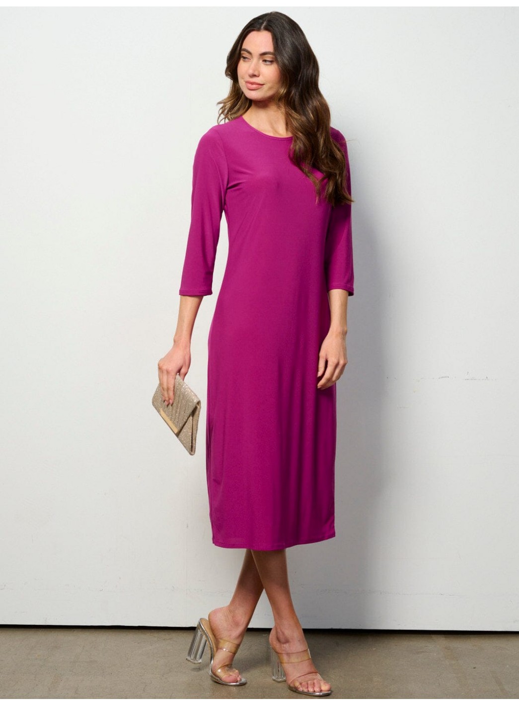 WOMEN'S 3/4 SLEEVES SOLID MIDI DRESS