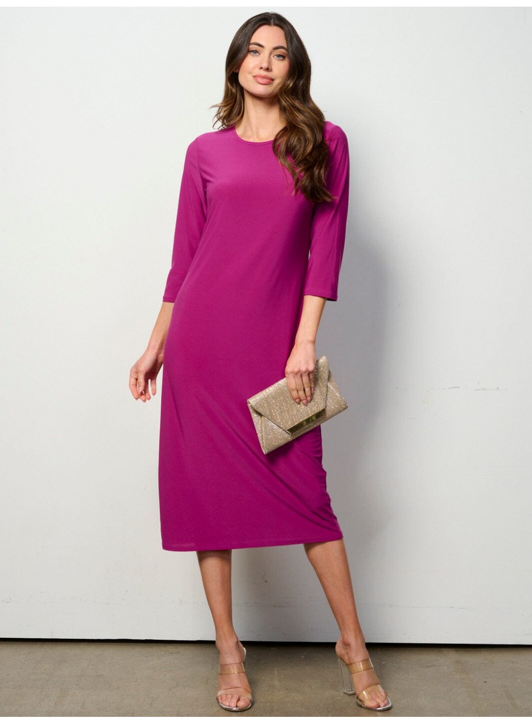 WOMEN'S 3/4 SLEEVES SOLID MIDI DRESS