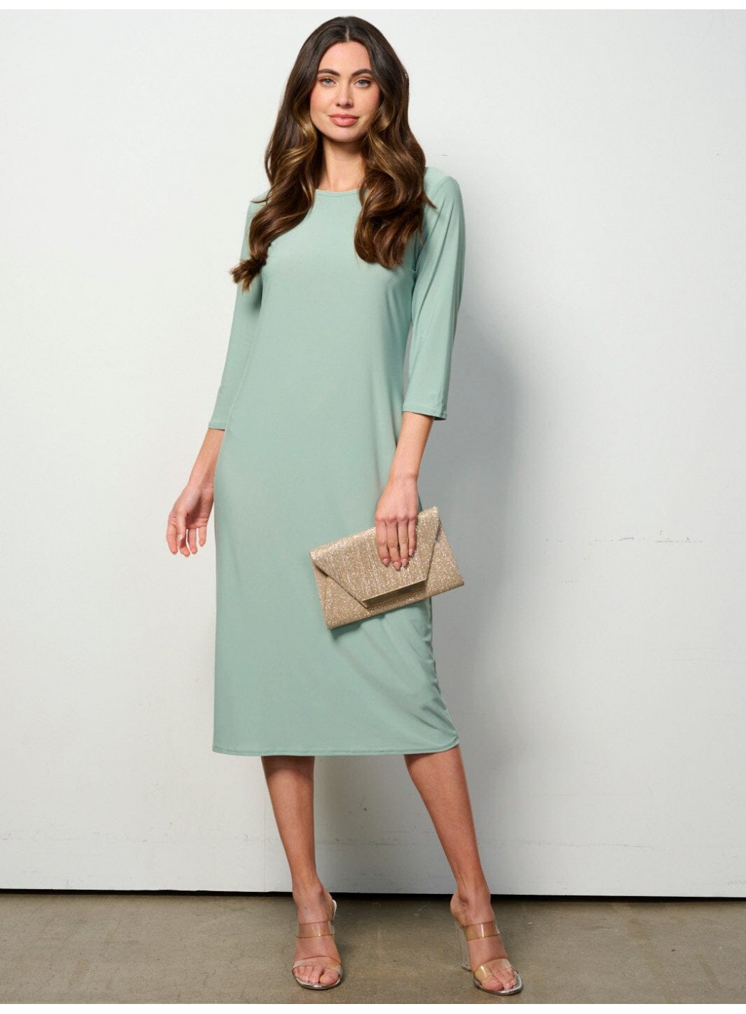 WOMEN'S 3/4 SLEEVES SOLID MIDI DRESS